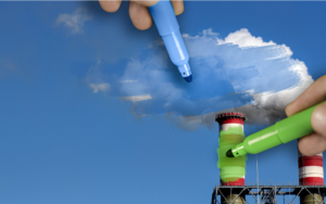 Uma imagem de uma fábrica emitindo fumaça. Pessoas estão pintando a fumaça de canetinha azul e a fábrica de canetinha verde. Refletindo assim, a sustentabilidade.